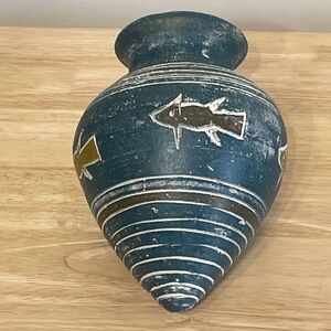 Terracotta Amphora Jar 7.5” Olive Oil or Wine Greek Vessel Clay Blue Fish Modern